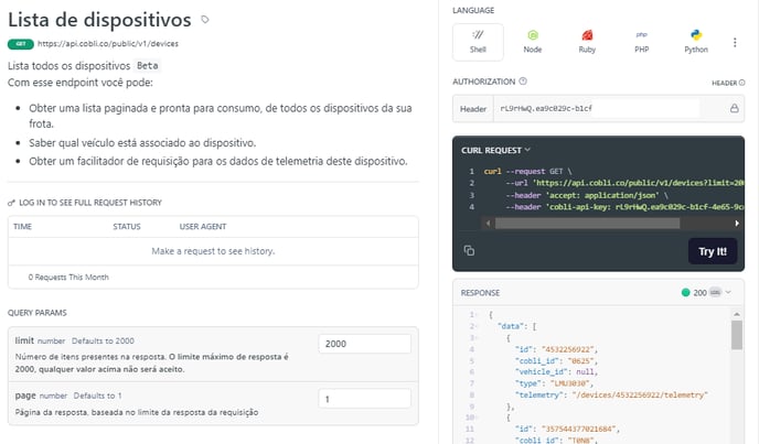 Exemplo de requisição com o header cobli-api-key na documentação da API
